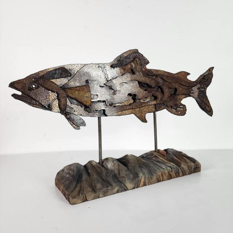 "Over the mountains" abstract fish metal art sculpture